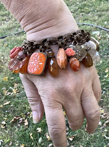 BEAUTIFUL STEPHEN DWECK BRONZE/CORAL/PEARL/CARNELAIN+ BRACELET!  8IN. - Picture 8 of 11