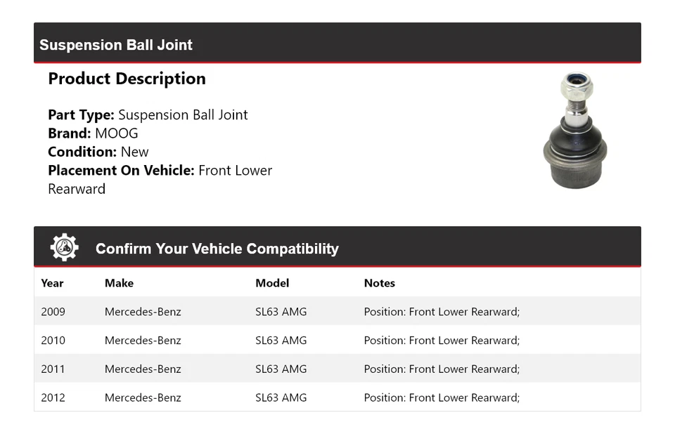 For 2009-2012 Mercedes-Benz SL63 AMG Suspension Ball Joint MOOG 2009 2010 2011 - Image 2 of 4