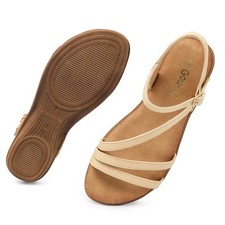 Tan Sandals For Women Dressy: Comfortable Flat Beige Strappy Sandal Ankle Buc...