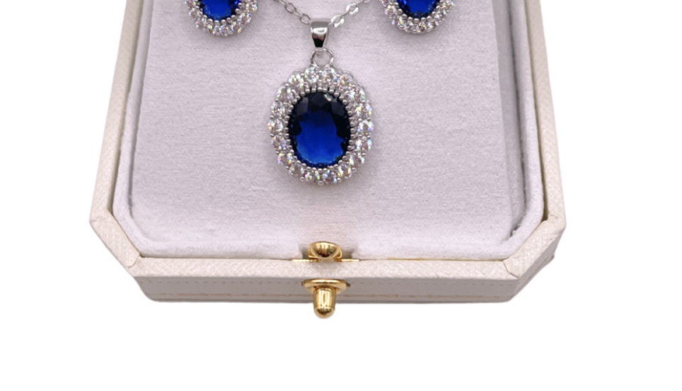 White Gold Finish Oval Cut Blue Sapphire Created Pendant necklace NO EARRINGS