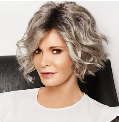 Short Wavy Rooted Gray Mix Synthetic Hair Capless Wigs Women Natural Daily