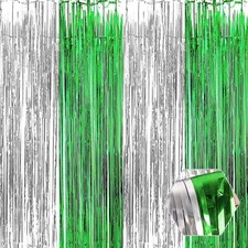 3 Pack Silver Green Foil Fringe Curtain Backdrop 3.28Ft x 8.2Ft Metallic Tins...
