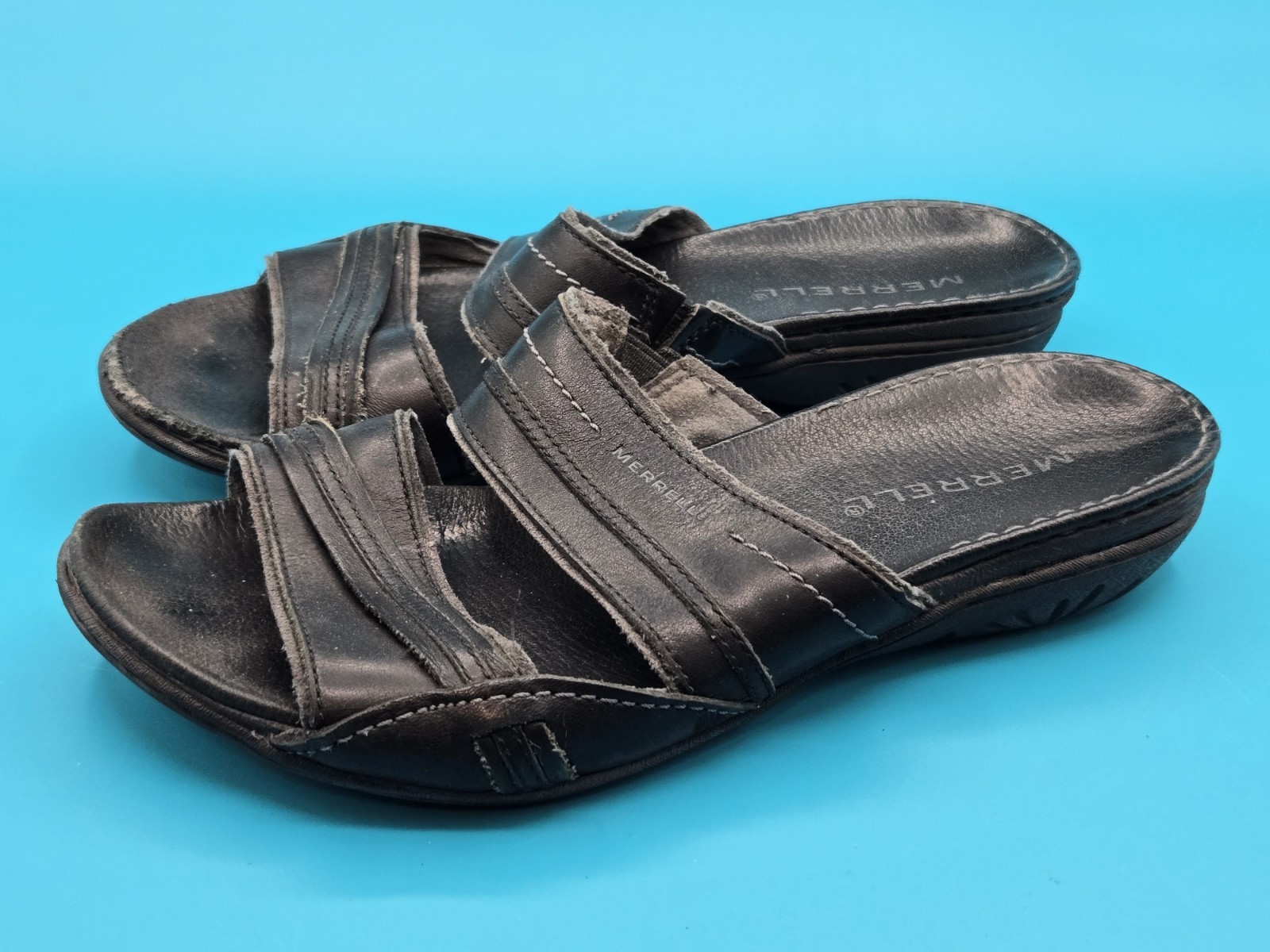 Merrell Piccolo Sandali Donna 7 Nero Slip On Pelle Slides Punta Aperta Chiari