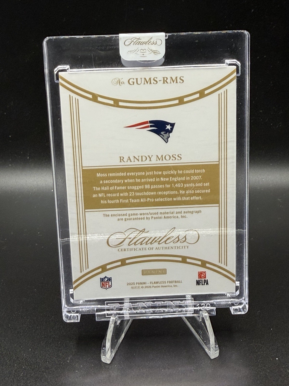 2025 Panini Flawless /23 Randy Moss Game Used Dual Patch Auto Patriots Sealed view 3