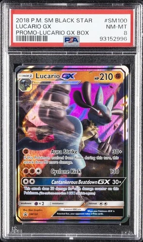 2018 POKEMON SM BLACK STAR PROMO LUCARIO GX BOX #SM100 LUCARIO GX PSA 8