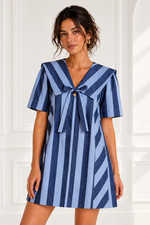 Damson Madder Goldie Cotton Mini Dress in Blue Stripes UK10 UK12 U14 UK18 UK20