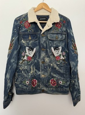 Reason Denim Sherpa Trucker Jean Jacket Sz S Death Before Dishonor Embroidered
