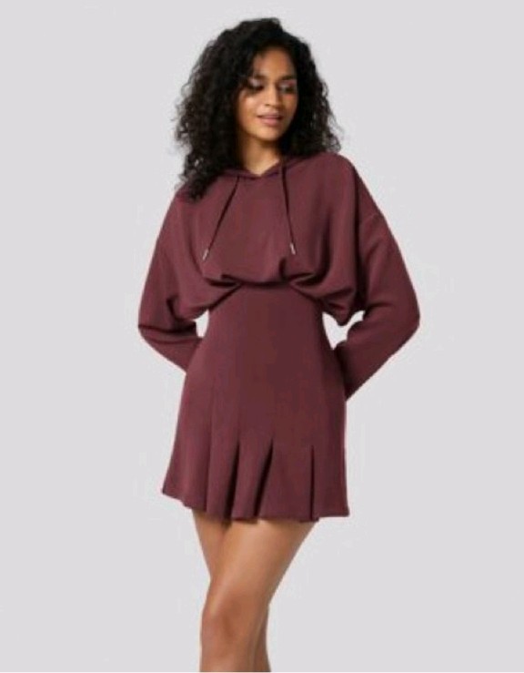 Halara Drop Shoulder Hooded Drawstring Minidress Burgandy Size XS.  NWT