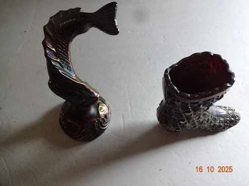 FENTON CARNIVAL GLASS HIGH TOP BOOT AND FISH