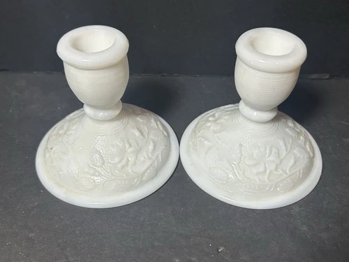 (2) VTG Imperial Glass Doeskin Rose White Milk Glass Candlesticks Candle Holder
