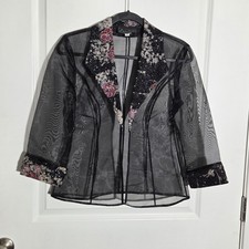 Alex Evenings Black Shimmering Embroidered Floral Sheer Jacket 3/4 Sleeves Small