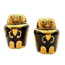 Vintage Pair Burmese Myanmar Black & Gold Lacquerware Owl Trinket Boxes Set of 2