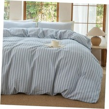 Luxury 100 Washed Cotton Linen Like Duvet Full Strip-cornflower Blue/White