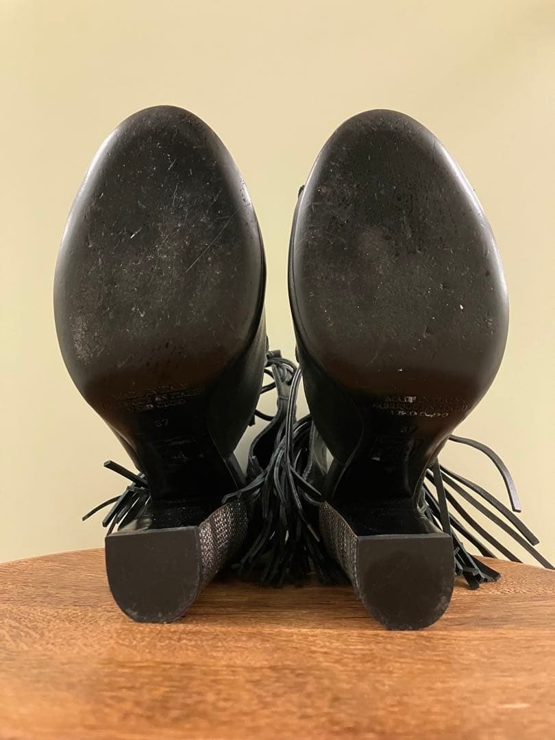 DIESEL BLACK GOLD Black Leather Fringe Chunky Heel Boots Sandals Size 37 Japan thumbnail 4