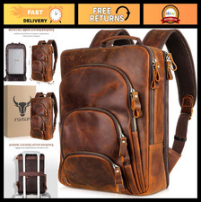 Vintage Full Grain Leather Backpack for 15.6" Laptop - Men's Travel Rucksack, Hi