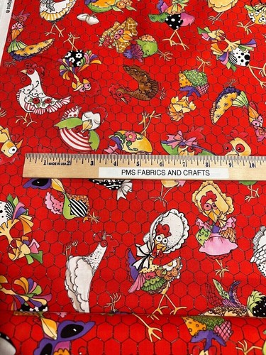 Loralie Chicken Wire and Chicken images 100% cotton fabric by the yard 36x44 RED