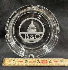 DEEP CARVED GLASS ASHTRAY  B & O RAILWAY