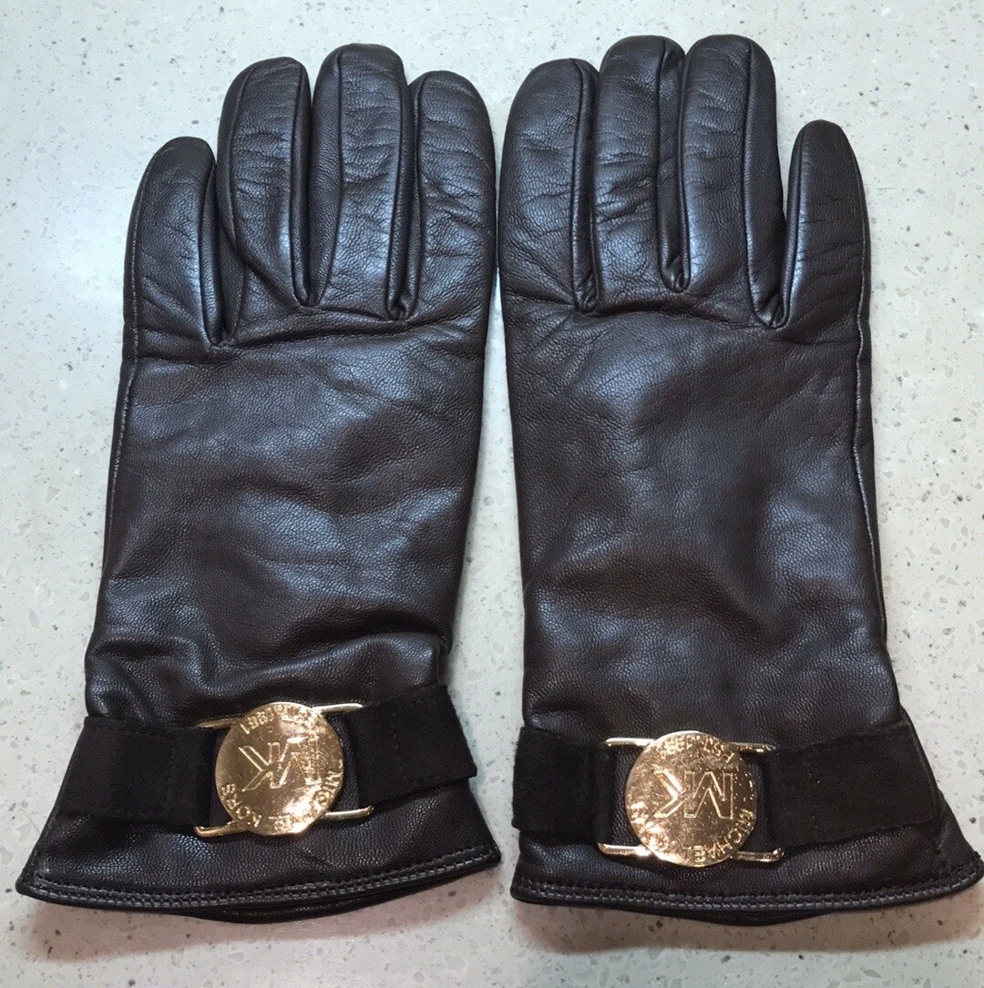 MICHAEL by Michael Kors Brown Leather Cashmere Gloves Size 7