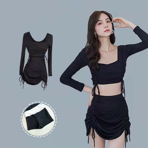 Women Two-Piece Long Sleeve Swimsuit Pleated Skirt Tube Top Slim Bathing Suit