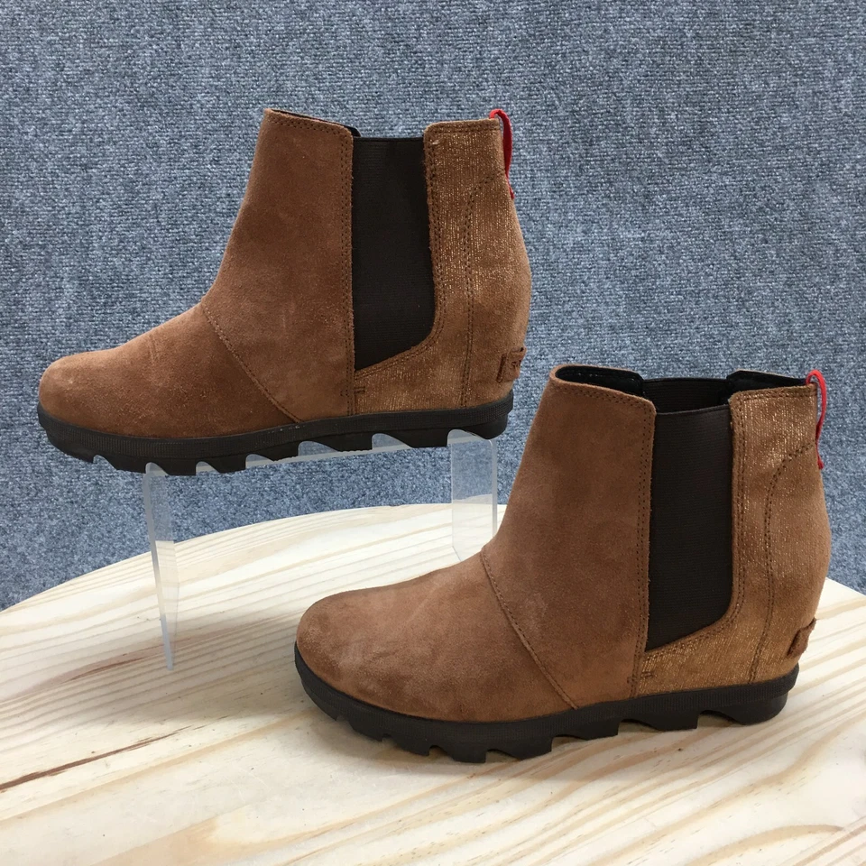 Sorel Boots Youth 5 Joan Of Arctic Wedge Chelsea Booties Brown Leather Pull On - Image 2 of 4