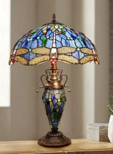 Dragonfly Stained Glass Table Desk Lamp Tiffany Style  Double Lit 16" Wide Shade
