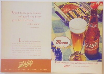 Schlitz beer menu cover - NOS - bottle shows IRTP label - 1930's