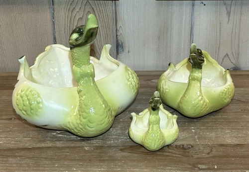 Set of 3 Hull Green Ceramic Duck Swan Mother #80 Baby Planter Ashtray Dish MCM