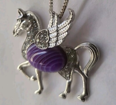Silberfarbener Pegasus Gelee Bauch Amethyst Anhänger Halskette Flügel Damen Schmuck 