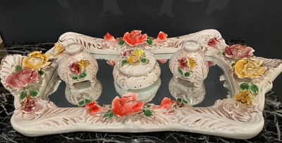 24k gold 6pc Capodimonte Italy Porcelain Vanity Set Mirror Perfume