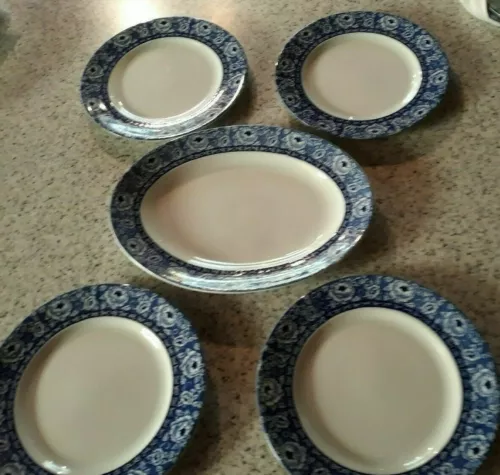 Vintage J H W Weatherby & Sons Falcona Ware Platter & Plates Blue & White Rosary