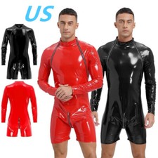 Men's Patent Leather Jumpsuit Long Sleeve Mock Neck Bodysuit Zipper Rompers
