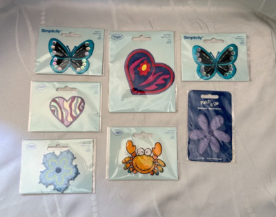 Lot of 7 Iron-on Appliques- Butterfly,Hearts,Crab,Flowers | Wrights & Simplicity