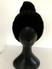 Women s Black Wide Knit Faux Fur Lining Pom-Pom One Size Beanie Hat