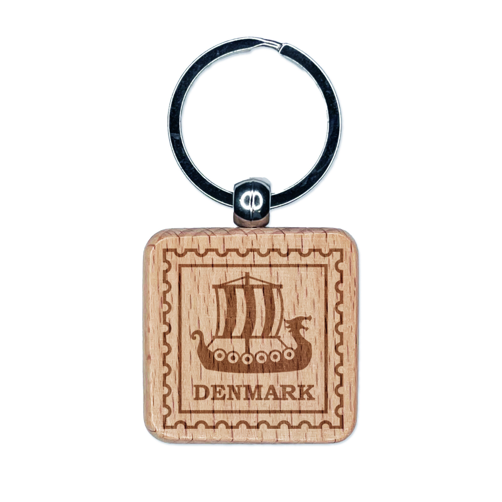 Denmark Travel Viking Ship Engraved Wood Square Keychain Tag Charm