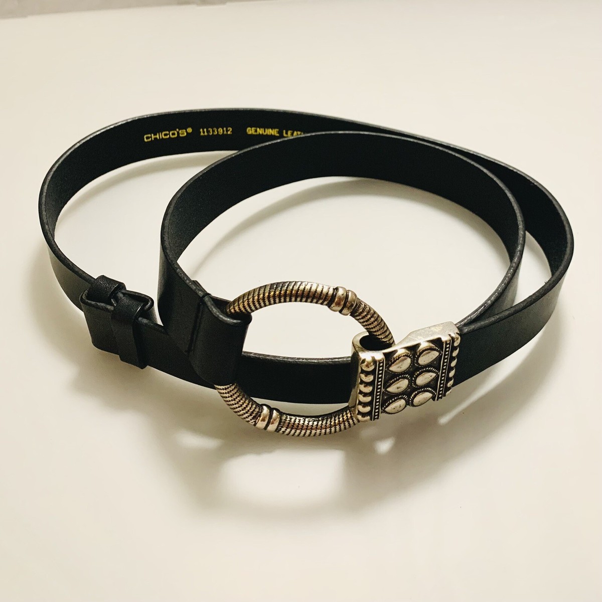 CHICO'S GENUINE LEATHER Women’s Black Belt HOOK BUCKLE ADJUSTABLE Sz: ML  1133912