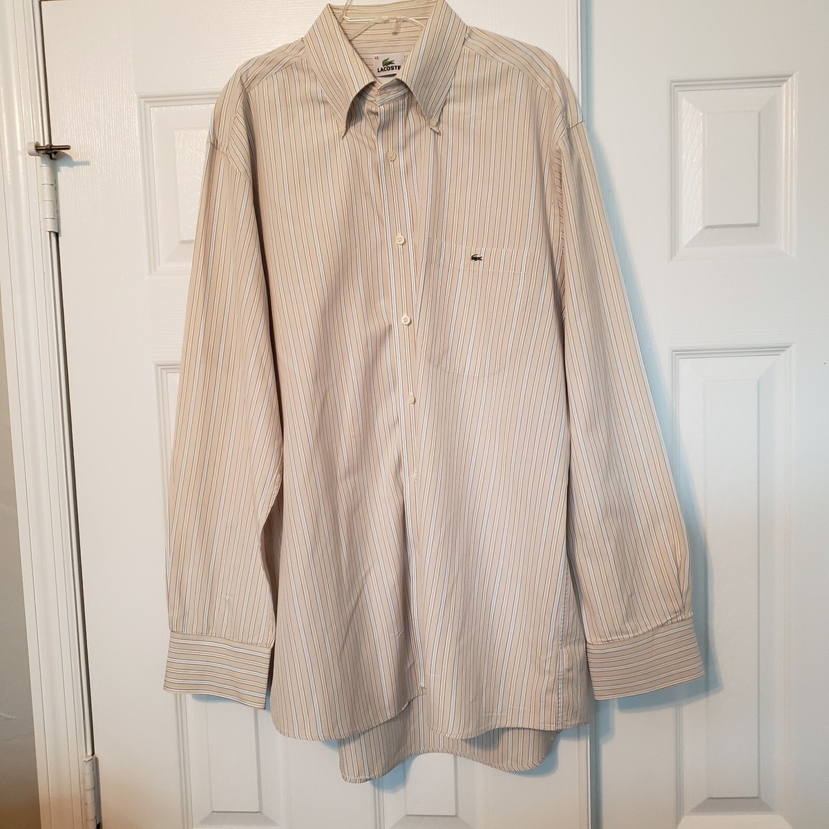 lacoste long sleeve dress shirt LACOSTE Men’s Button Down Long Sleeve Dress Shirt Stripes Beige/White/Blue  42