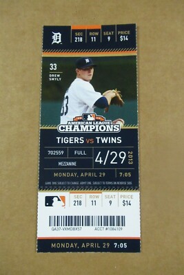 DETROIT TIGERS VS TWINS 4/29/2013 FULL TICKET ~ MAX SCHERZER (10Ks/WIN)
