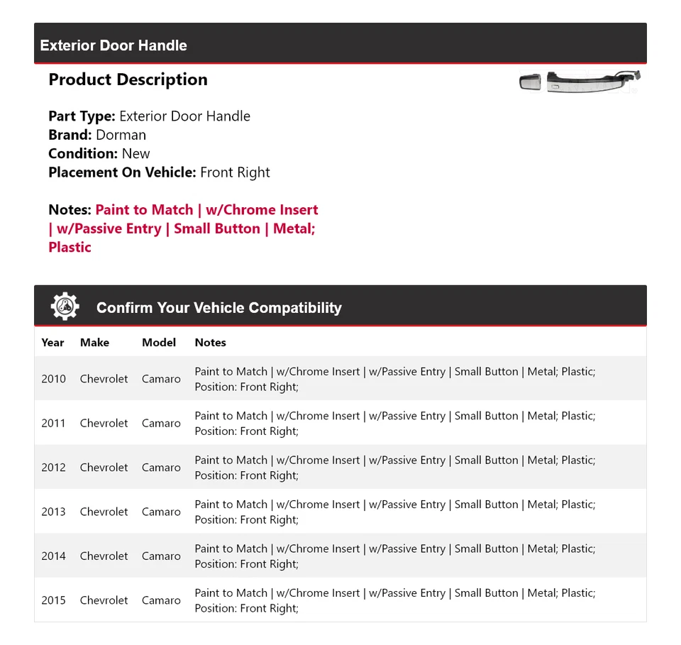 Manija de puerta exterior delantera derecha para Chevrolet Camaro Dorman 2010-2015 2011 2012 Foto 2 de 4