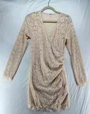 FREE PEOPLE Mini Dress Lace Cream Faux Wrap Lined V Neck Sheer Back Sleeves M