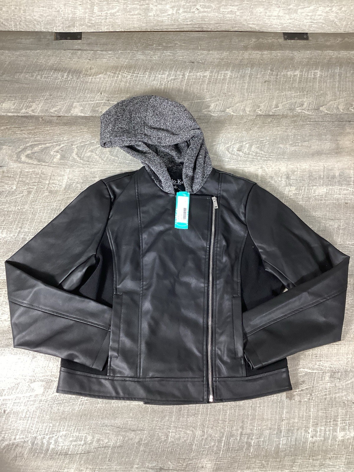 Mo-Ka Moto Jacket Womens Medium Black Faux Leather Removable Hood NWT
