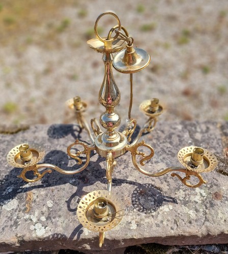 Vintage Brass Effect 5 Arm Chandelier Ceiling Light, Scrolling Arms (photo 6)