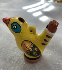 VTG Peruvian Folk Art Clay Hand Painted Bird Whistle   Bright Yellow Gold Wings