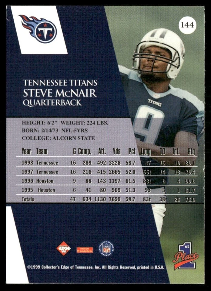 1999 Collector's Edge First Place Steve McNair #144 *A* - Image 2 of 2