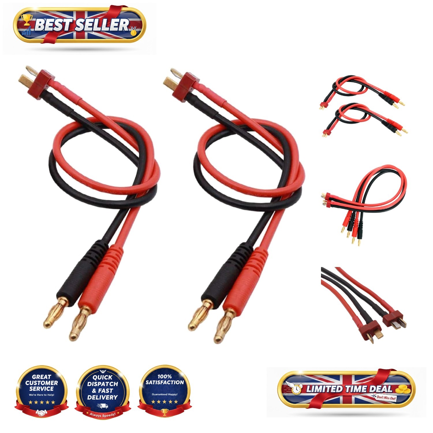 Reliable 2-Pack T-Plug to 4mm Banana Plug 30cm Battery Charge Cables