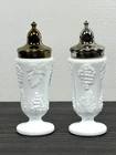 Vintage Milk Glass Shakers with Silverplate Tops Grape Pattern Design