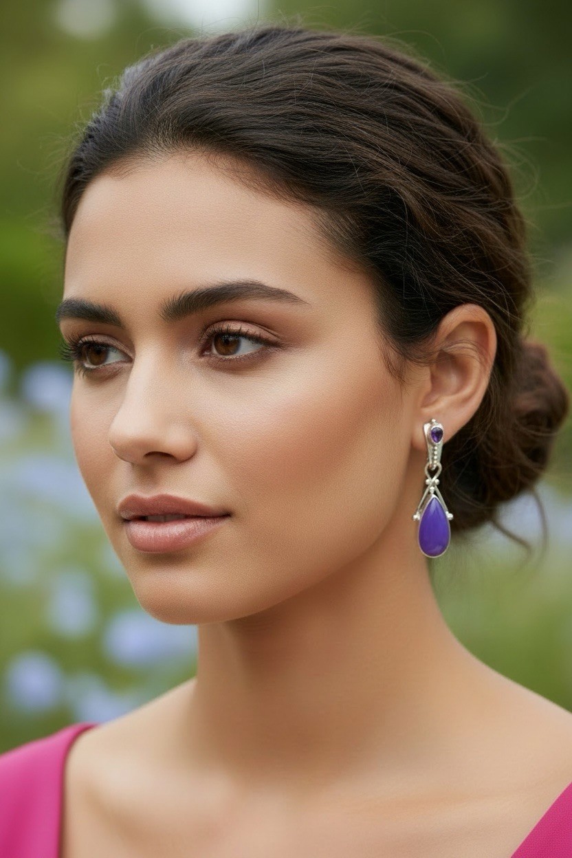 Pendientes perforados Sajen de plata de ley 925 púrpura aventurina y amatista