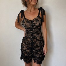 Lulus Black Lace Ruched Bodycon Mini Dress Tie Straps XS Coquette Goth Y2K
