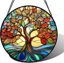Stained Glass Window Hanging Vibrant Tree of Life Sun Catchers Glass Panel Perfe