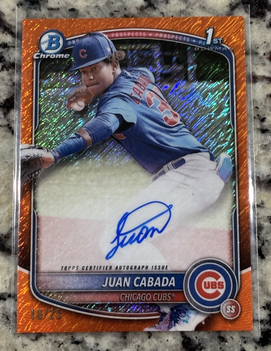 2025 Bowman Chrome Juan Cabada Auto Orange Wave Refractor 1st Prospect #’d /25