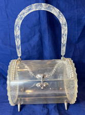 1950's Lucite Barrel Purse Rhinestone Adorned Faceted Clear Lucite Box Handbag